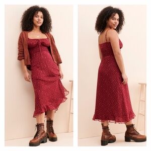 THE EAST ORDER | Flowy Floral Midi Dress Smocked Strappy Tie Front Burgundy